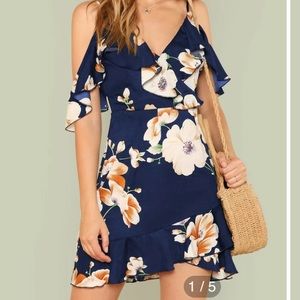 Flounce Cold Shoulder Ruffle Hem Floral Dress